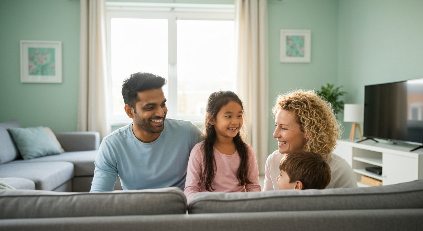 Family of four smiles on a couch in a living room with a TV and window.