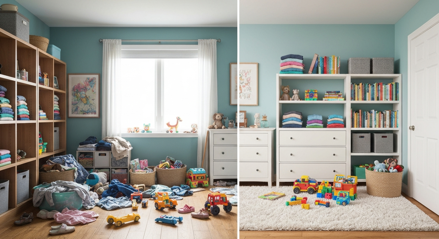 Room before and after tidy up, toys on floor and shelves in messy room compared to organized room with shelves and rug.
