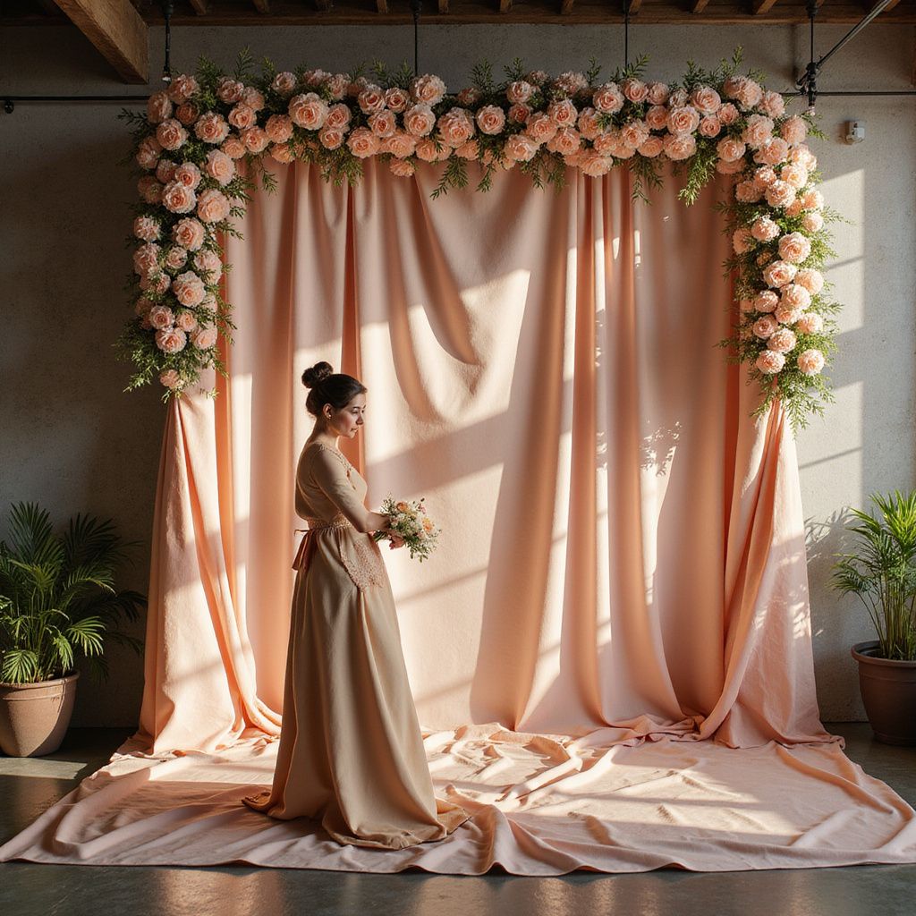 Woman in a gown holding a bouquet stands before a draped peach backdrop with floral arch.