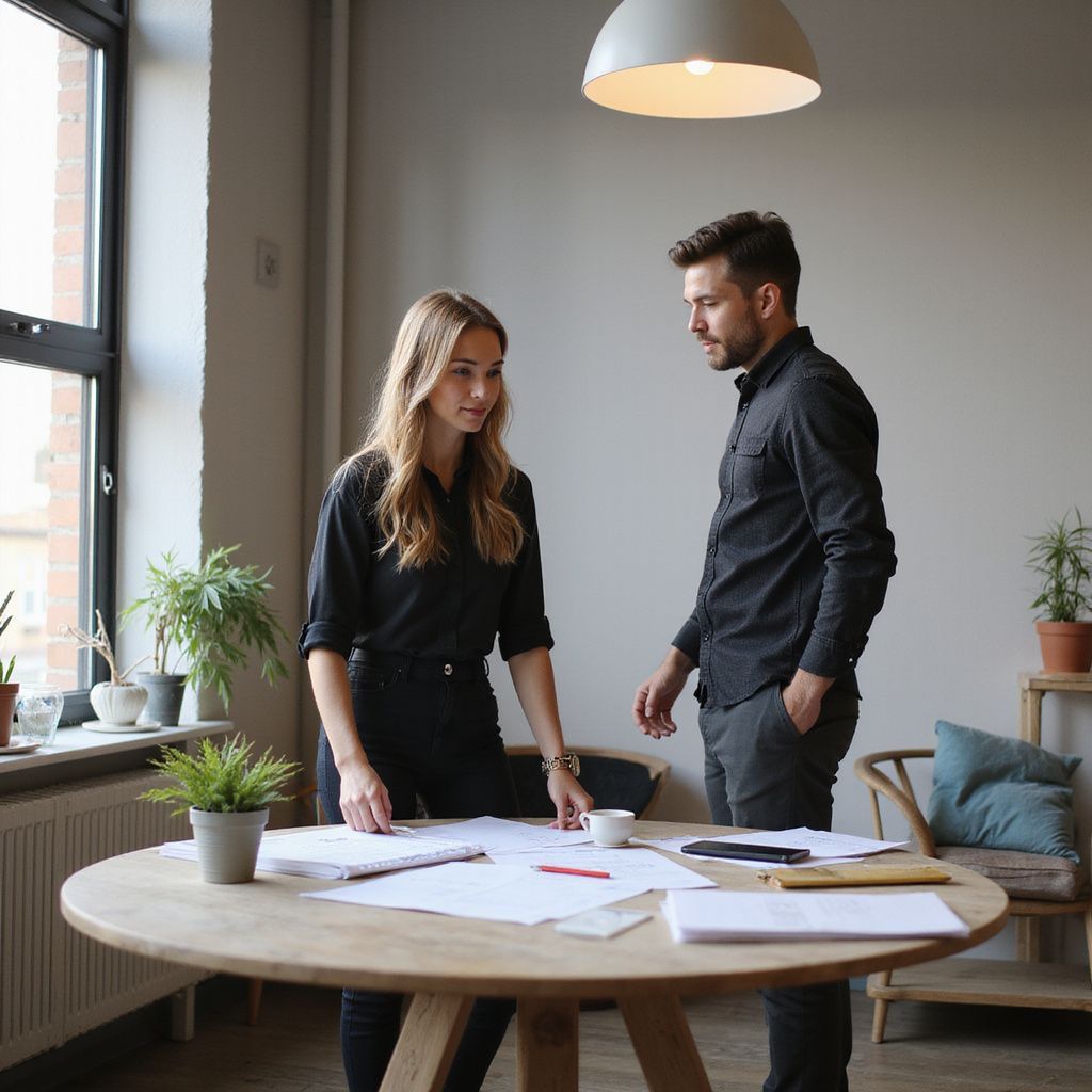 Woman and man in dark shirts reviewing papers on a round table in a bright room.