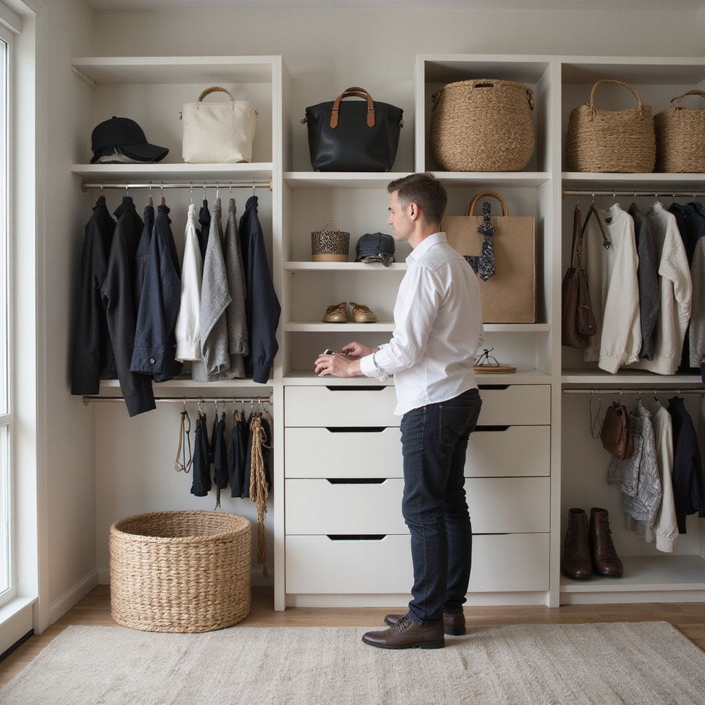 Man in white shirt and dark jeans stands in a white walk-in closet with organized clothes, shoes, and baskets.