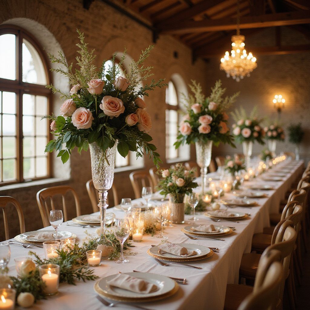 Long dining table set for a wedding. Tall floral centerpieces, candles, and elegant place settings in a stone room.