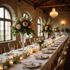 Long table set for a formal event, featuring floral centerpieces, candles, and elegant place settings in a sunlit room.