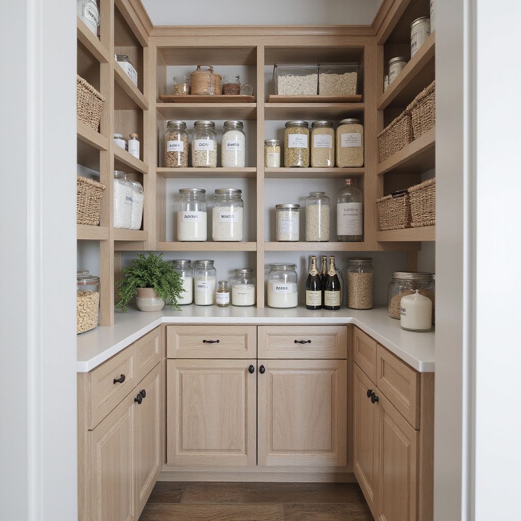U-shaped pantry with light wood cabinets and shelves, organized with labeled glass jars and woven baskets.