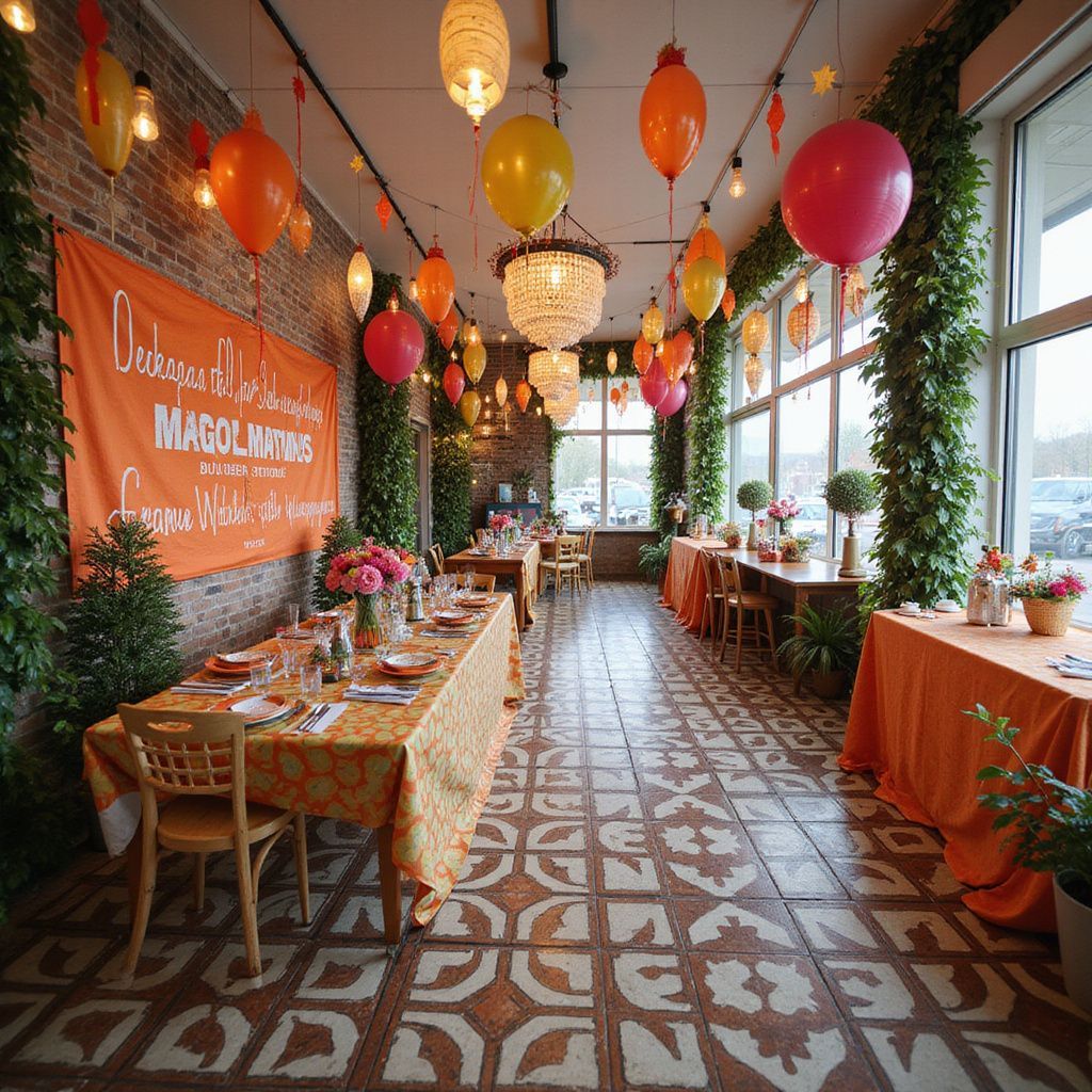 Restaurant interior decorated for a celebration, featuring long tables with floral centerpieces, orange and pink balloons, and hanging lanterns. Restaurant interior decorated with colorful lanterns, orange tablecloths, and floral centerpieces.