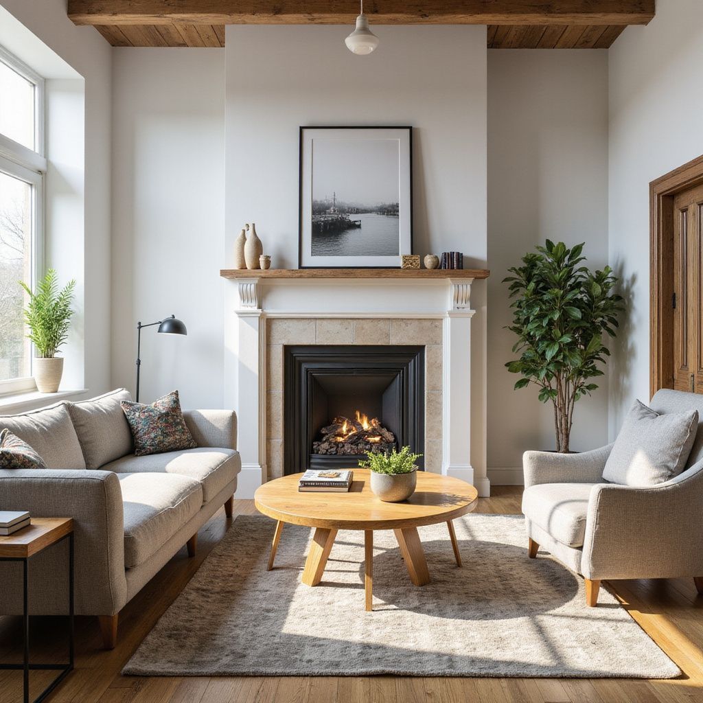 Cozy living room with fireplace, neutral tones, wood beams, and natural light.