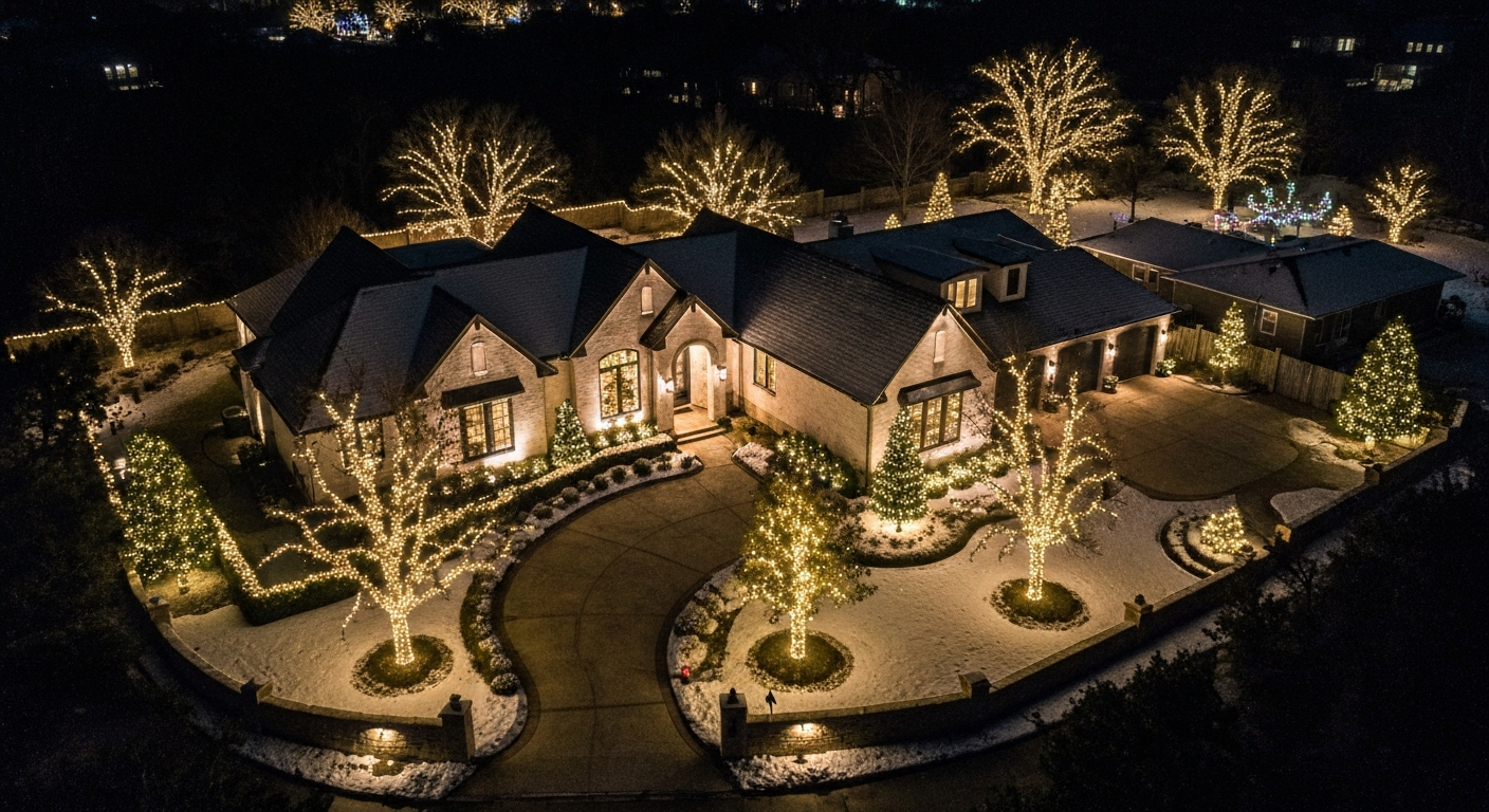 A large house at night, illuminated with holiday lights. Trees and the house are wrapped in white lights.