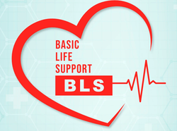 Rood hart met de tekst "BASIC LIFE SUPPORT" en "BLS", hartslaglijn.