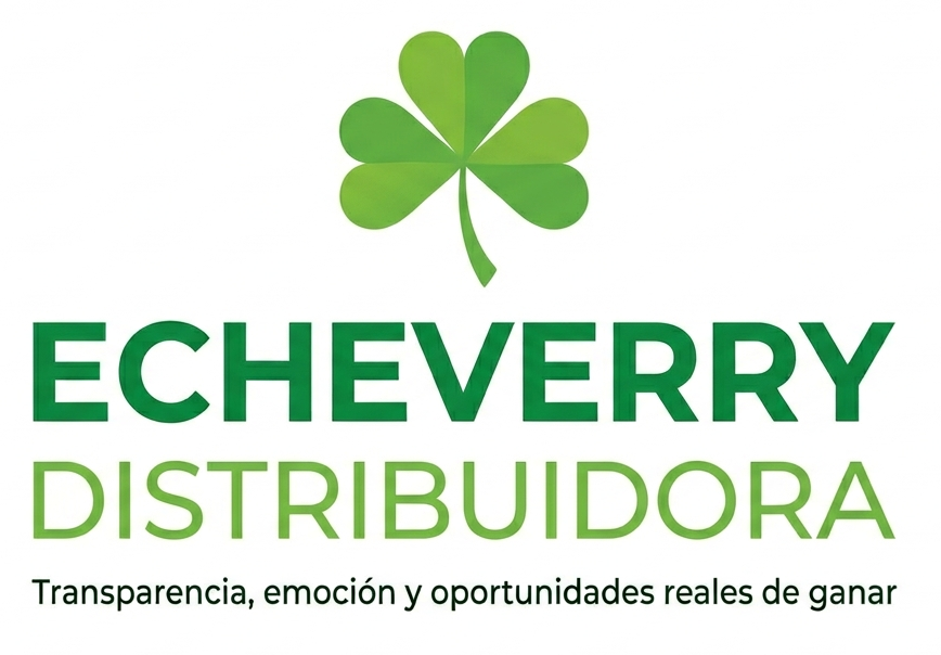 Logotipo de Echeverry Distribuidora, que presenta un trébol verde sobre el nombre de la empresa y un eslogan sobre un fondo blanco.