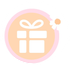 A pink circle with a gift box and a flower in it.