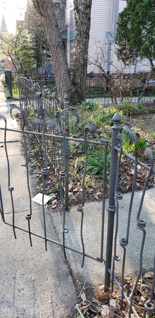 A wrought iron fence borders a sidewalk and garden bed with a tree in the background.