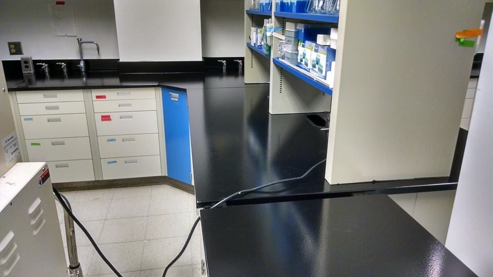 Laboratory interior with black countertops, white cabinets, and shelves of supplies.