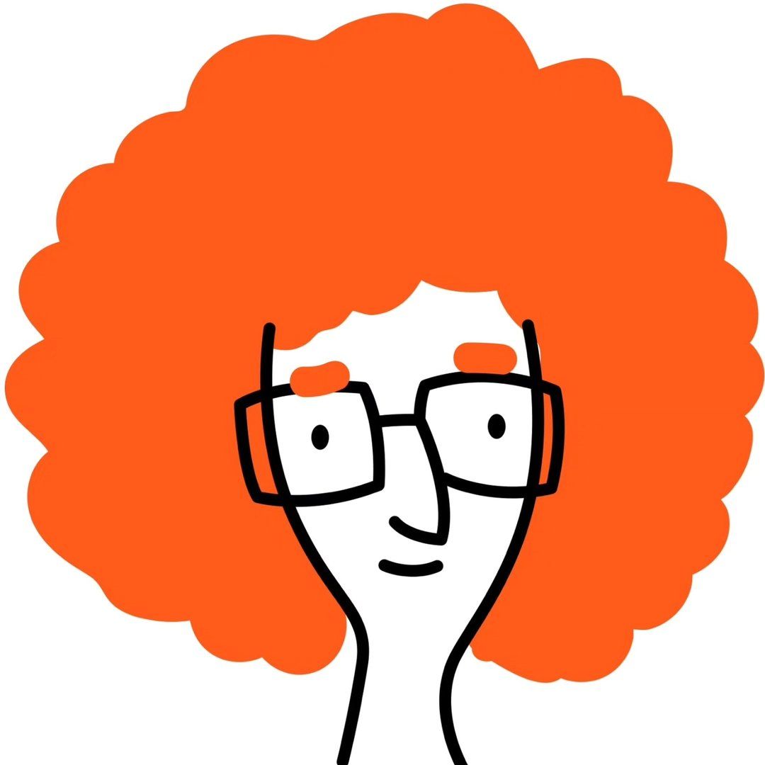 Cara de dibujos animados con pelo rizado de color naranja brillante, gafas negras y una pequeña sonrisa.