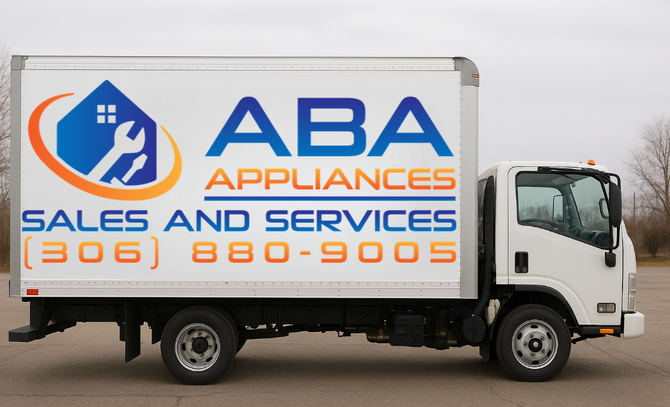 A white truck that says aba appliances sales and services