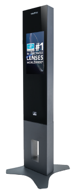 Un alto espositore nero con uno schermo che mostra