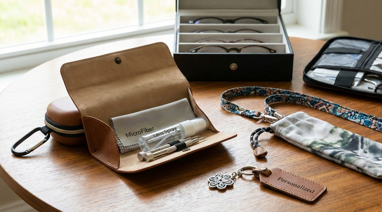 Un astuccio per occhiali in pelle marrone si apre per rivelare prodotti per la pulizia, insieme ad accessori per occhiali su un tavolo.