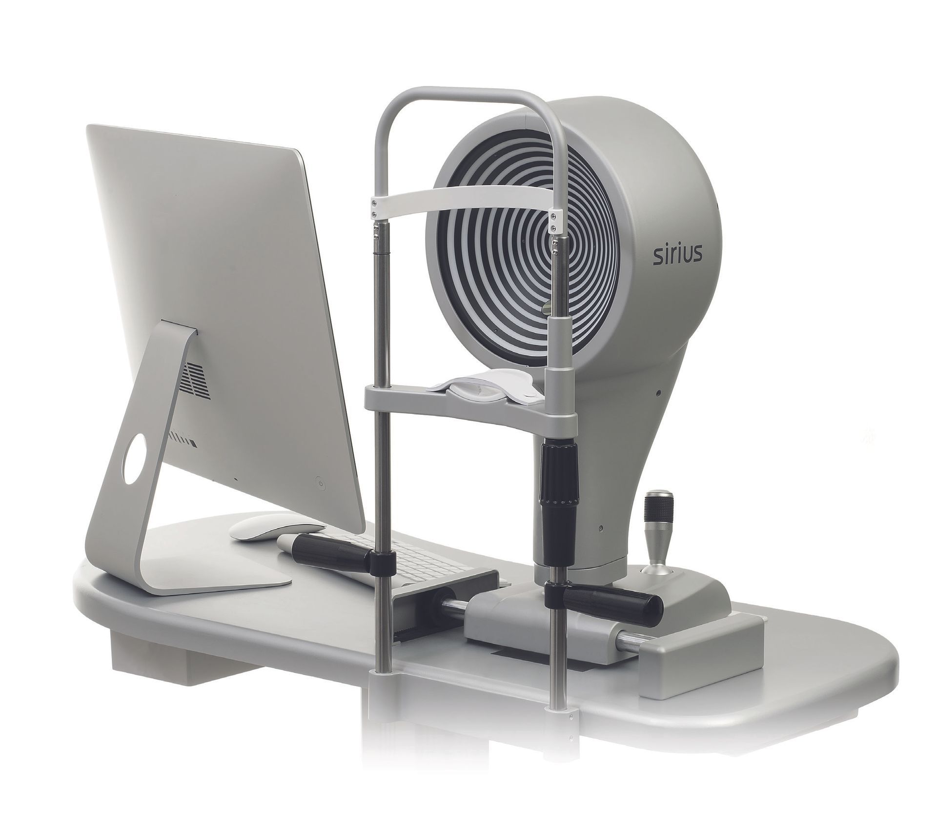 Apparecchio per l'esame della vista dotato di monitor, poggiatesta e bersaglio con motivo per la valutazione della vista.