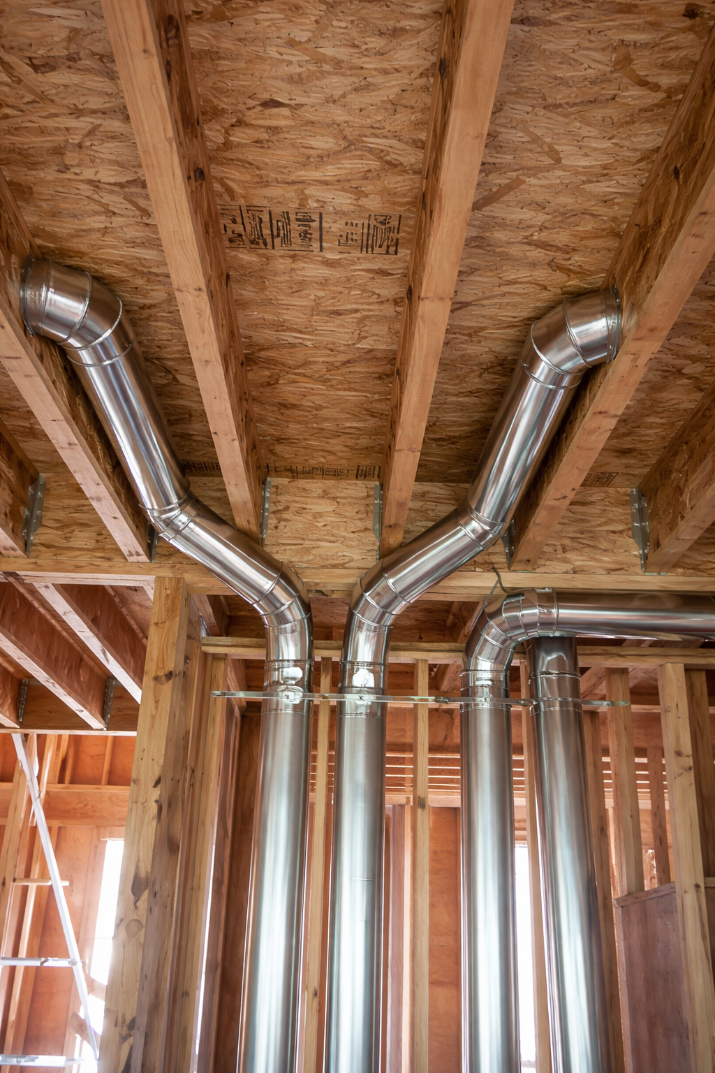 Metal ducts running between wooden floor joists in an unfinished house construction framing.