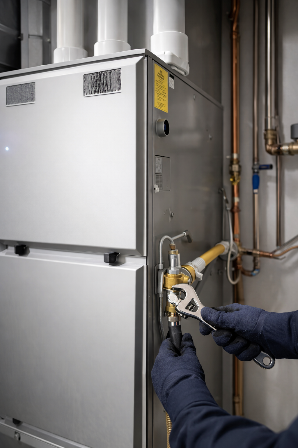 A technician wearing blue gloves uses an adjustable wrench to repair a gas valve on a large metal furnace.