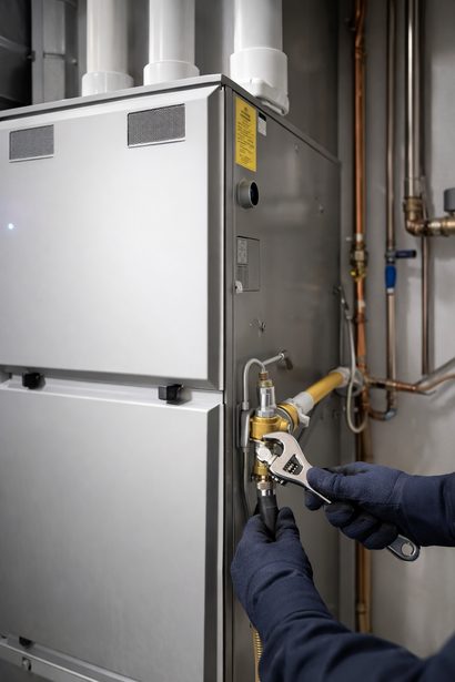 A technician wearing blue gloves uses an adjustable wrench to repair a gas valve on a large metal furnace.