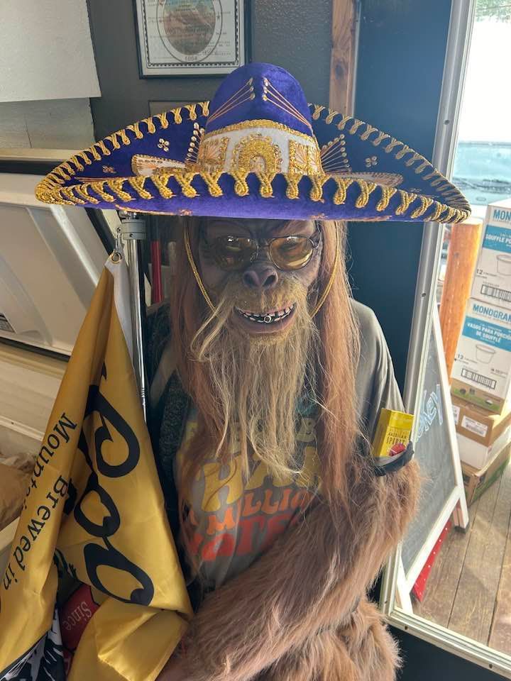 A monkey is wearing a sombrero and holding a flag.