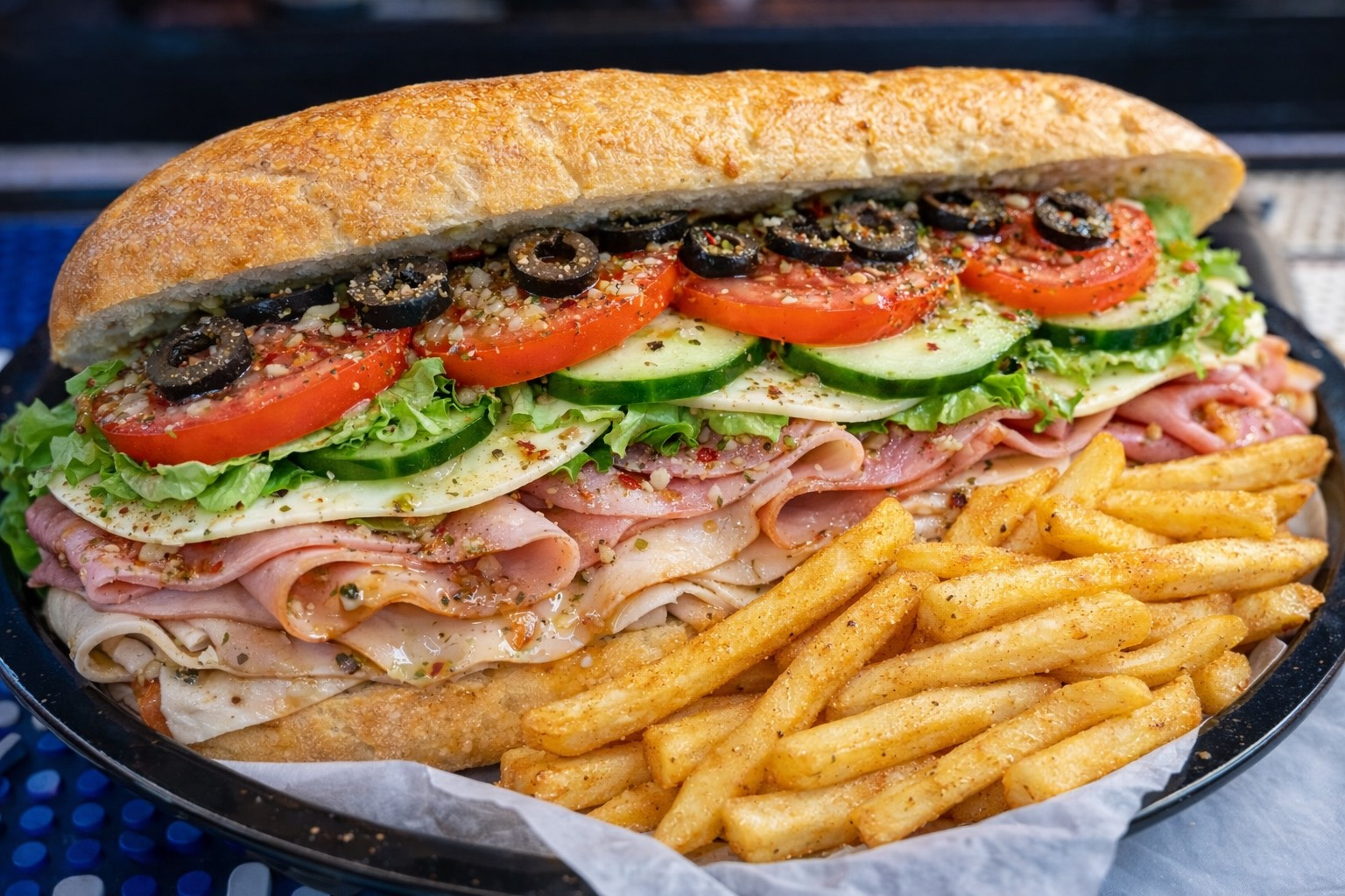 A close up of a hamburger with bacon and lettuce on a bun on a table.