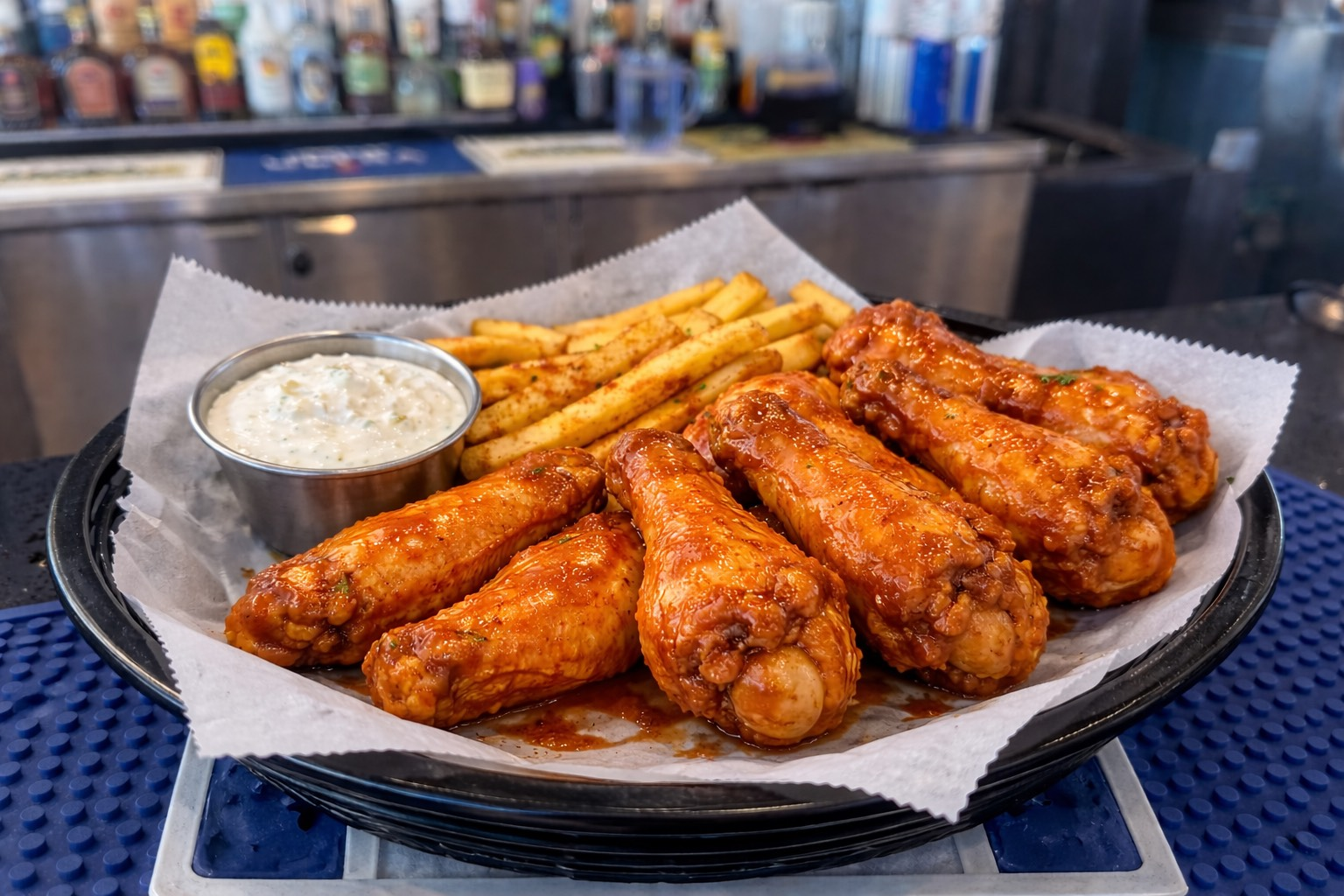 Chicken wings with fries and dipping sauce in a basket at a bar.