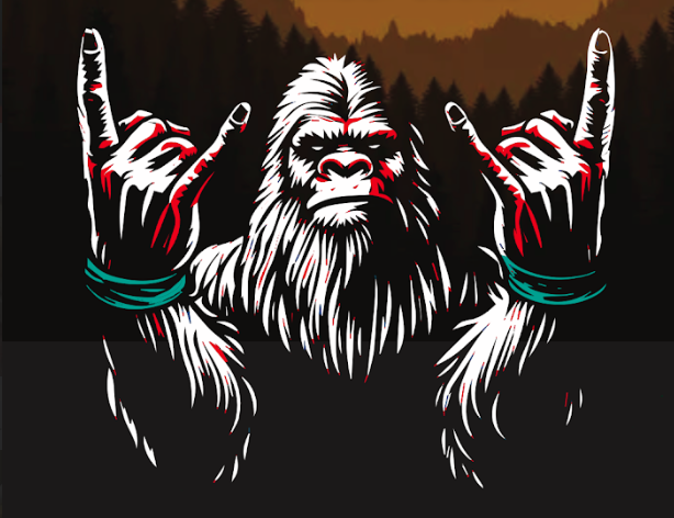 A bigfoot is making a horns sign with his hands