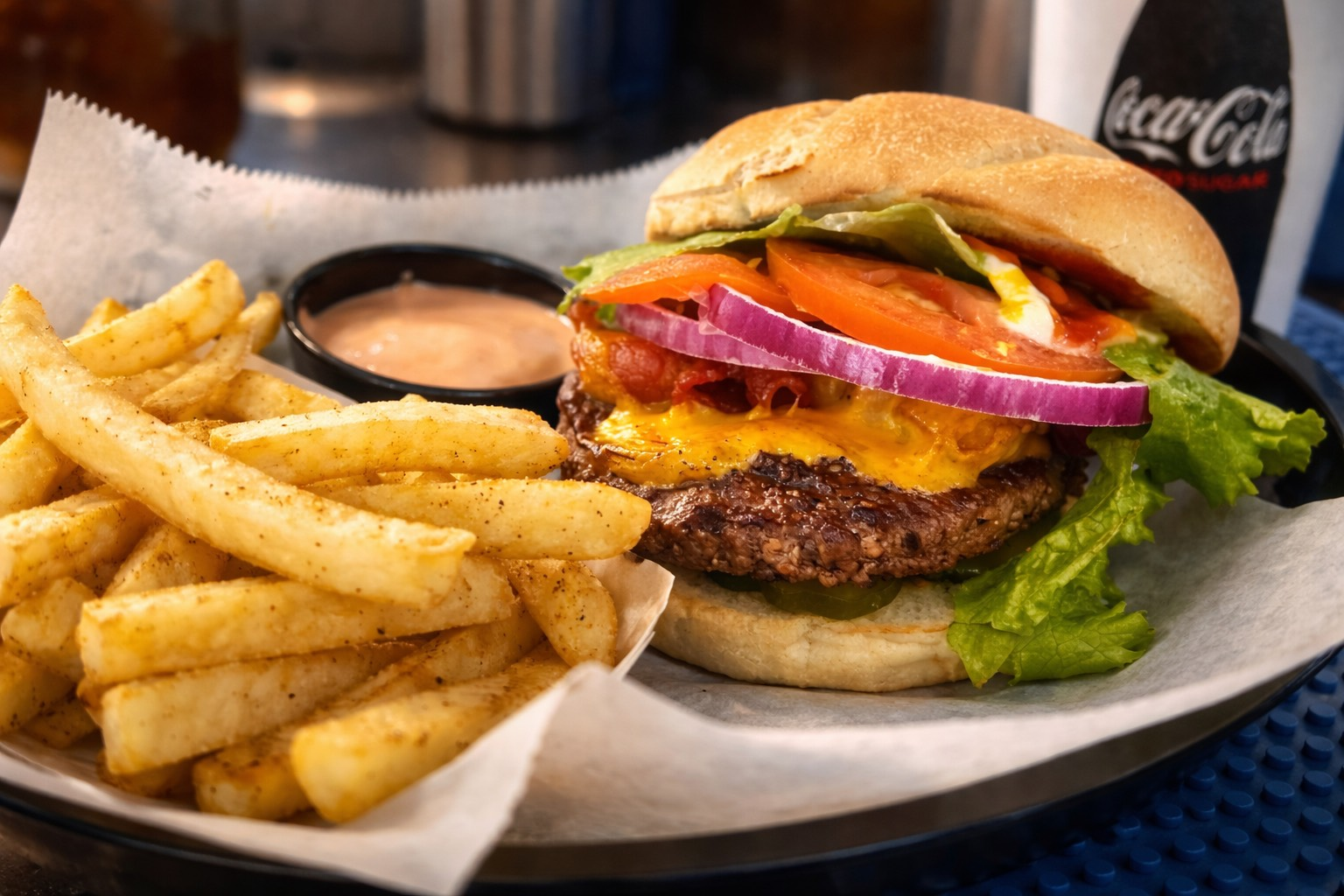 A double cheeseburger is sitting on top of a red tray on a table.