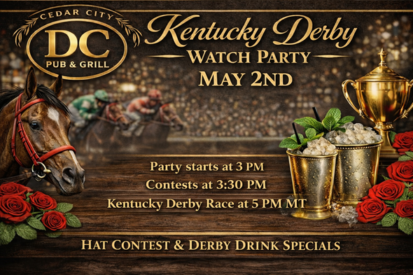Poster for Cedar City Pub & Grill Kentucky Derby watch party on May 2nd, including race details and drink specials.