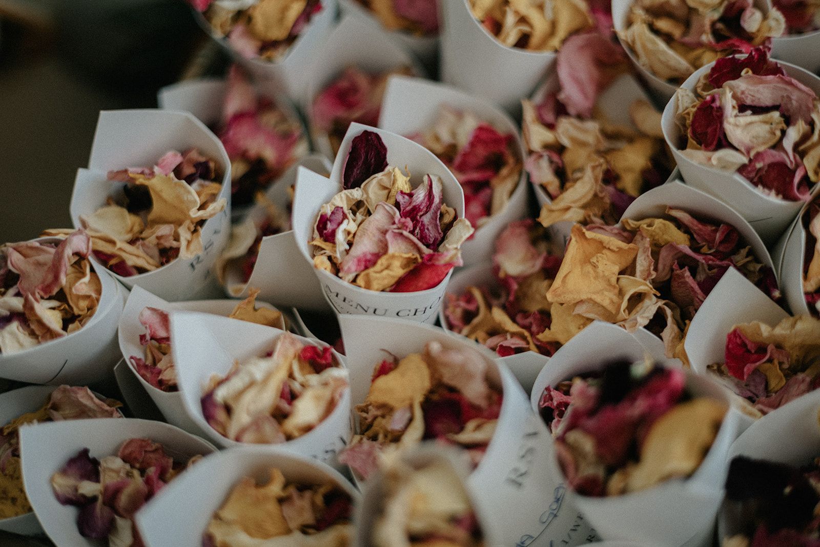 A bunch of cones filled with dried flowers on a table.