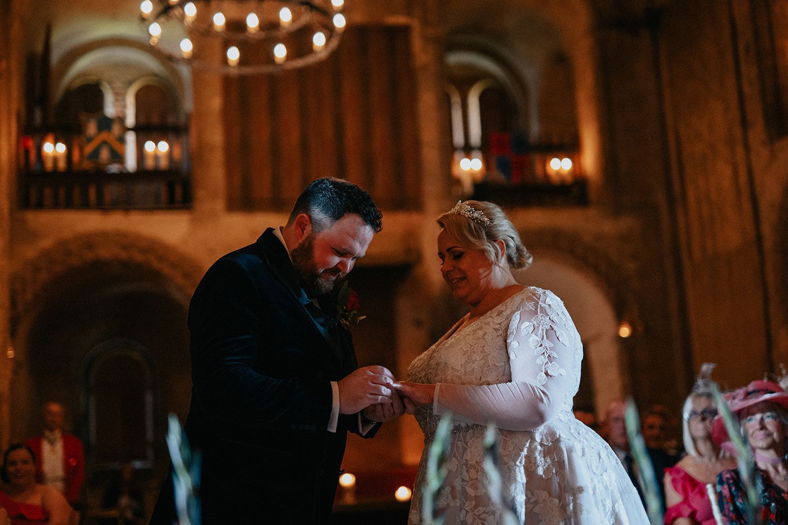 A bride and groom are getting married in a church.