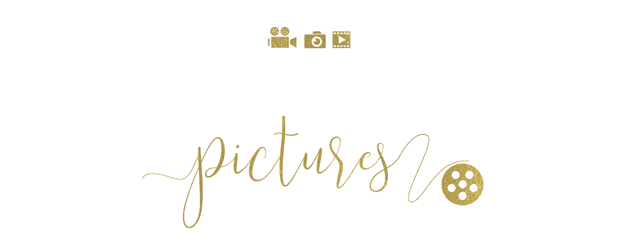 the word pictures is written in gold on a white background .