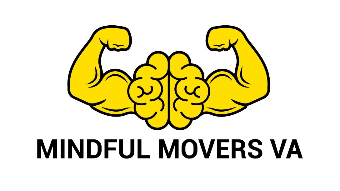 Yellow flexed arms forming a brain over “MINDFUL MOVERS VA” text logo