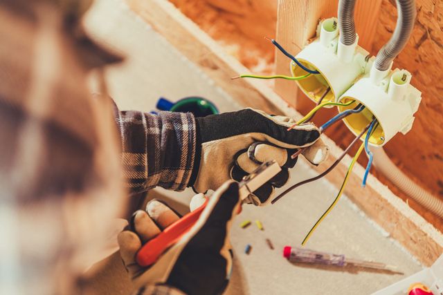 Hands wiring an electrical outlet box with tools on a wooden wall panel