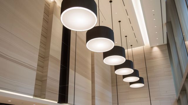 Row of modern round pendant lights hanging in a bright, minimalist interior lobby