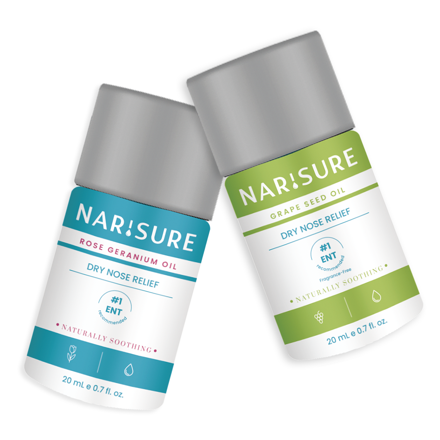Two bottles of Narisure nasal ointment, dry nose relief, on a white background. 