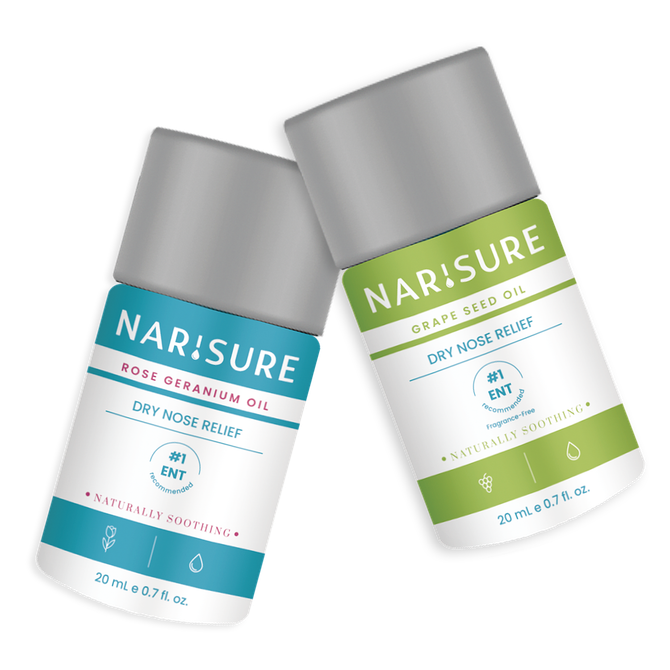 Two bottles of Narisure nasal ointment, dry nose relief, on a white background. 