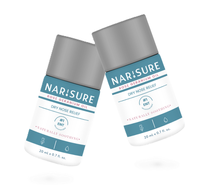 Two bottles of Narisure nasal ointment, dry nose relief, on a white background.