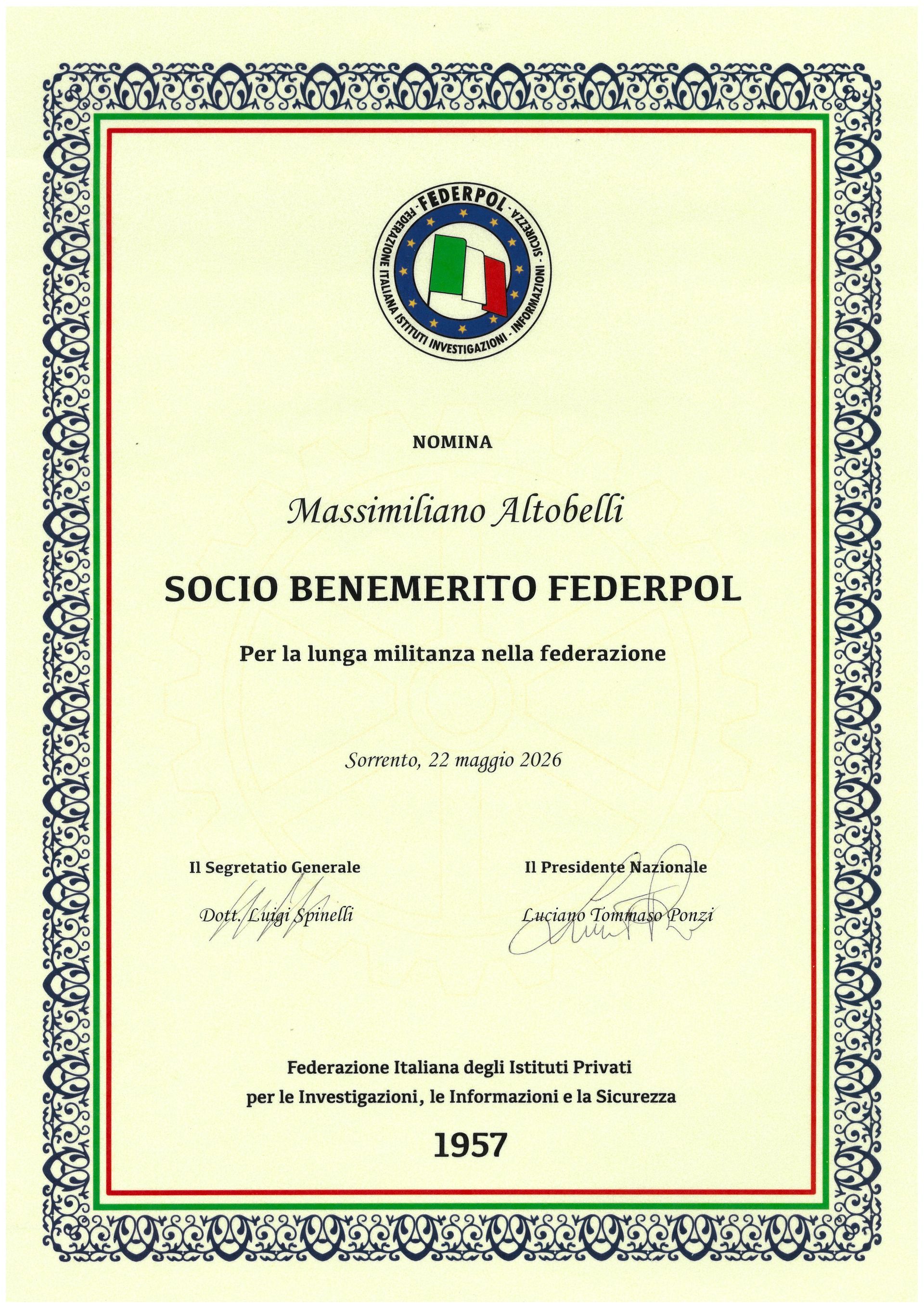 Socio Benemerito Federpol: un riconoscimento che premia oltre 30 anni di attività investigativa