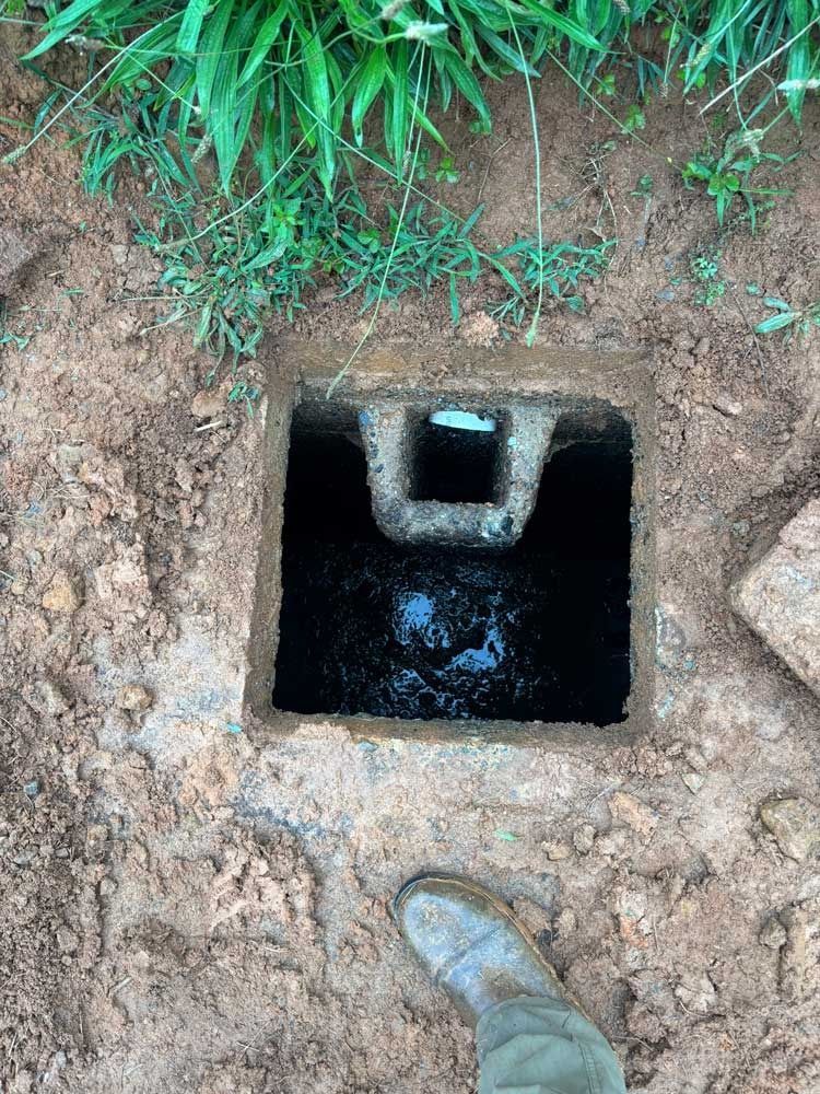 Open square hole in the ground filled with dark liquid, next to a grassy area, with a boot visible in the foreground.