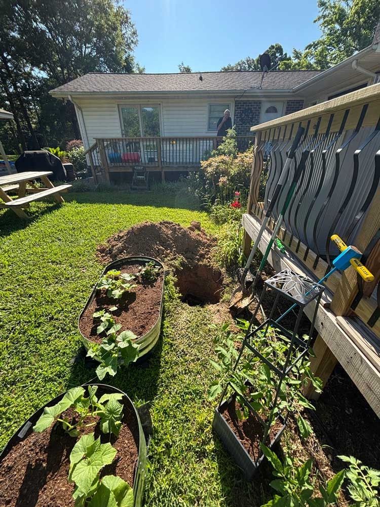 Backyard with vegetable gardens, a large hole, and a house with a deck on a sunny day.
