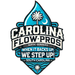 Logo for Carolina Flow-Pros septic services. Features a water droplet with the South Carolina flag inside and text that reads "When it backs up, we step up!"