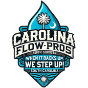 Logo for Carolina Flow-Pros septic services. Features a water droplet with the South Carolina flag inside and text that reads "When it backs up, we step up!"