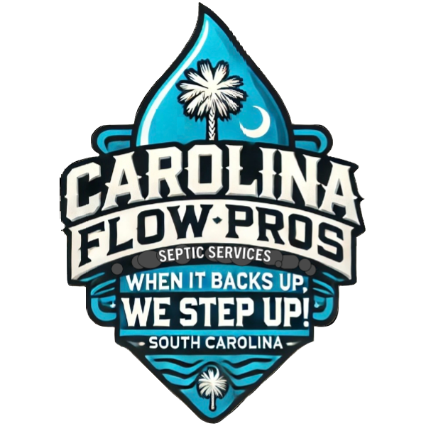 Logo for Carolina Flow-Pros septic services. Features a water droplet with the South Carolina flag inside and text that reads "When it backs up, we step up!"