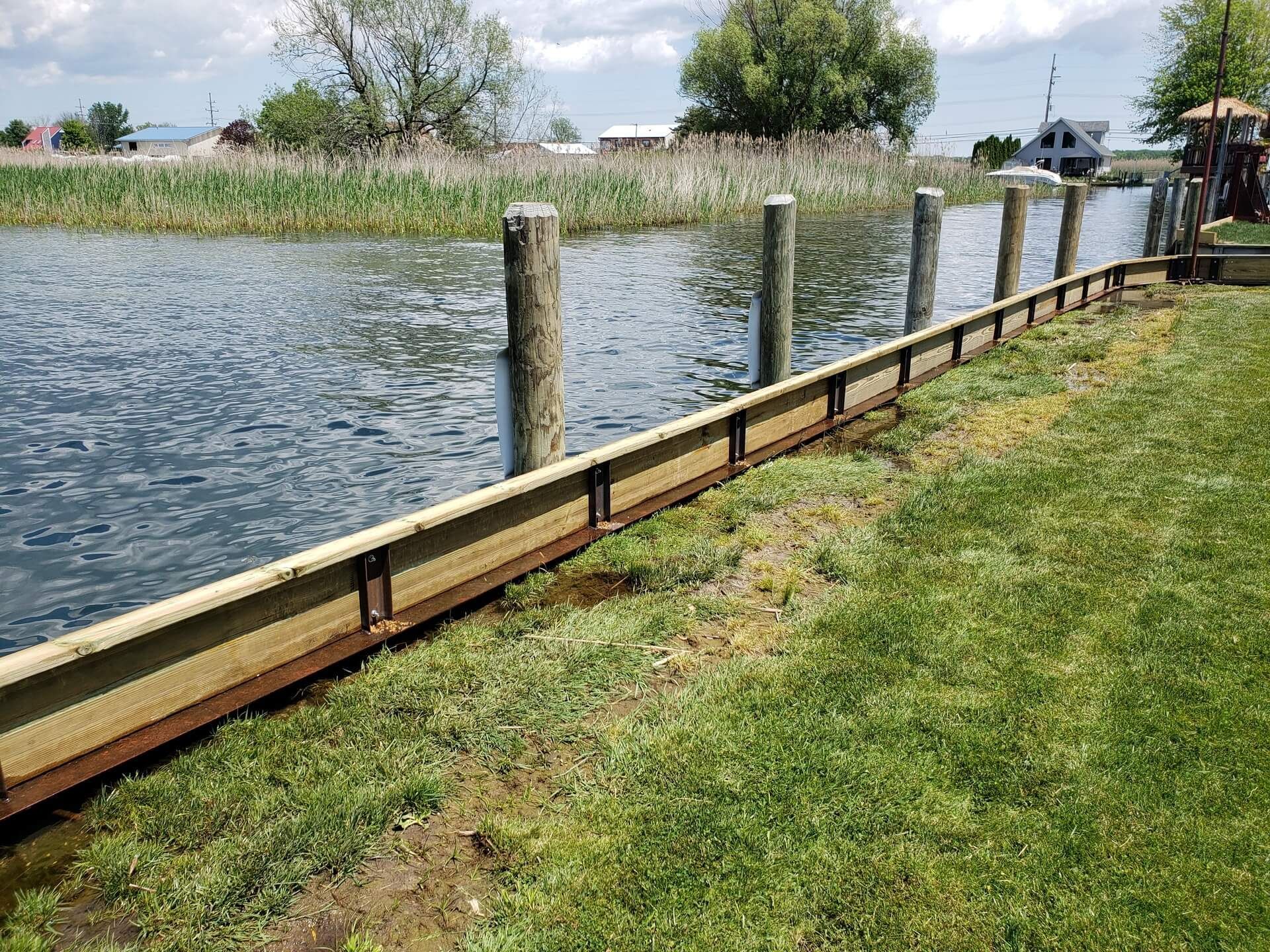 Wooden dock along a grassy shoreline with water and reeds in the background.