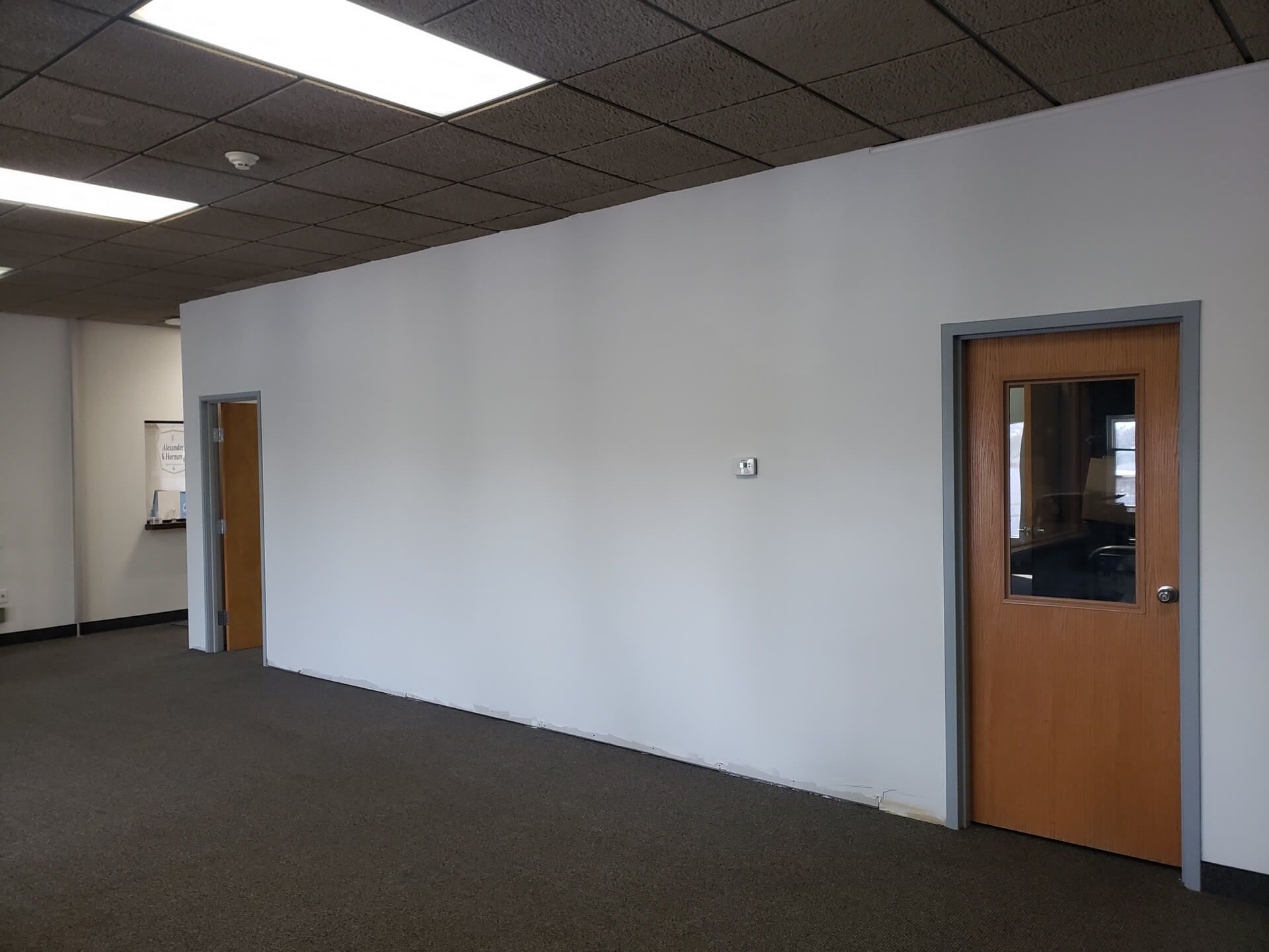 Interior view of an office space with white walls, brown doors, and dark carpet.