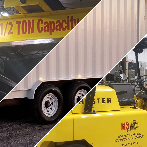 Collage: Yellow trailer with 1 1/2 ton capacity, white shipping container, and yellow forklift with MS Industrial Contracting logo.