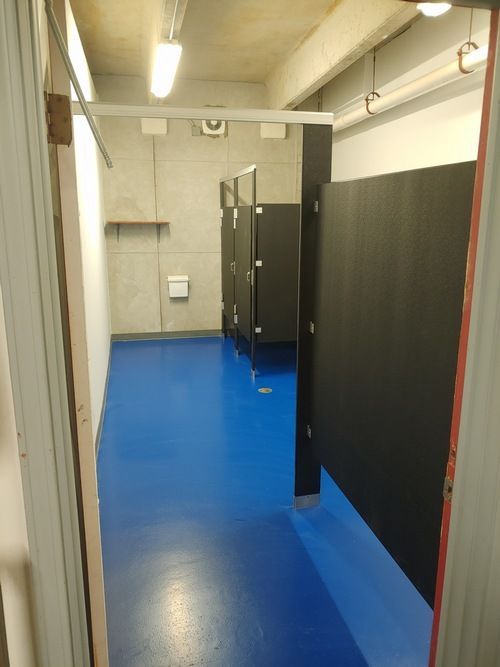 Blue-floored restroom with several dark-colored stall doors. Seen from doorway. Fluorescent lights.