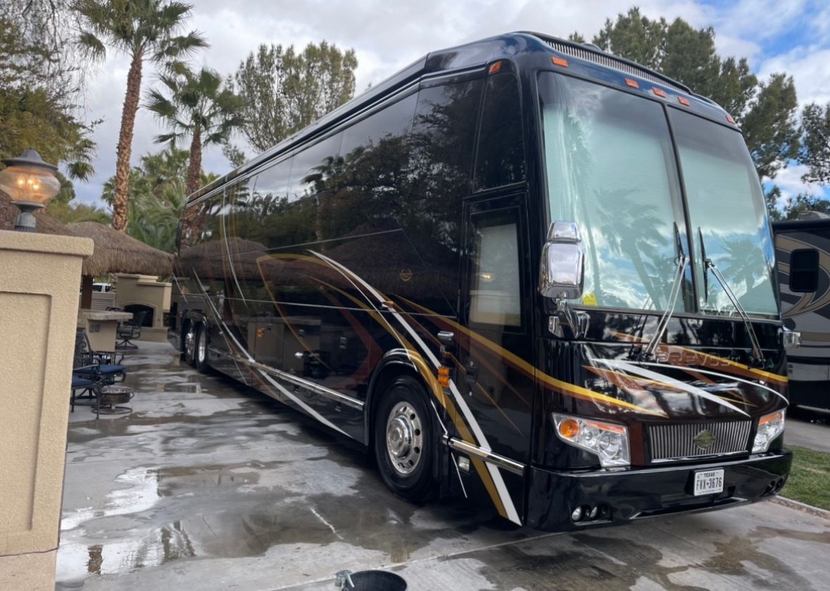 A large black bus is parked in a driveway next to a palm tree.